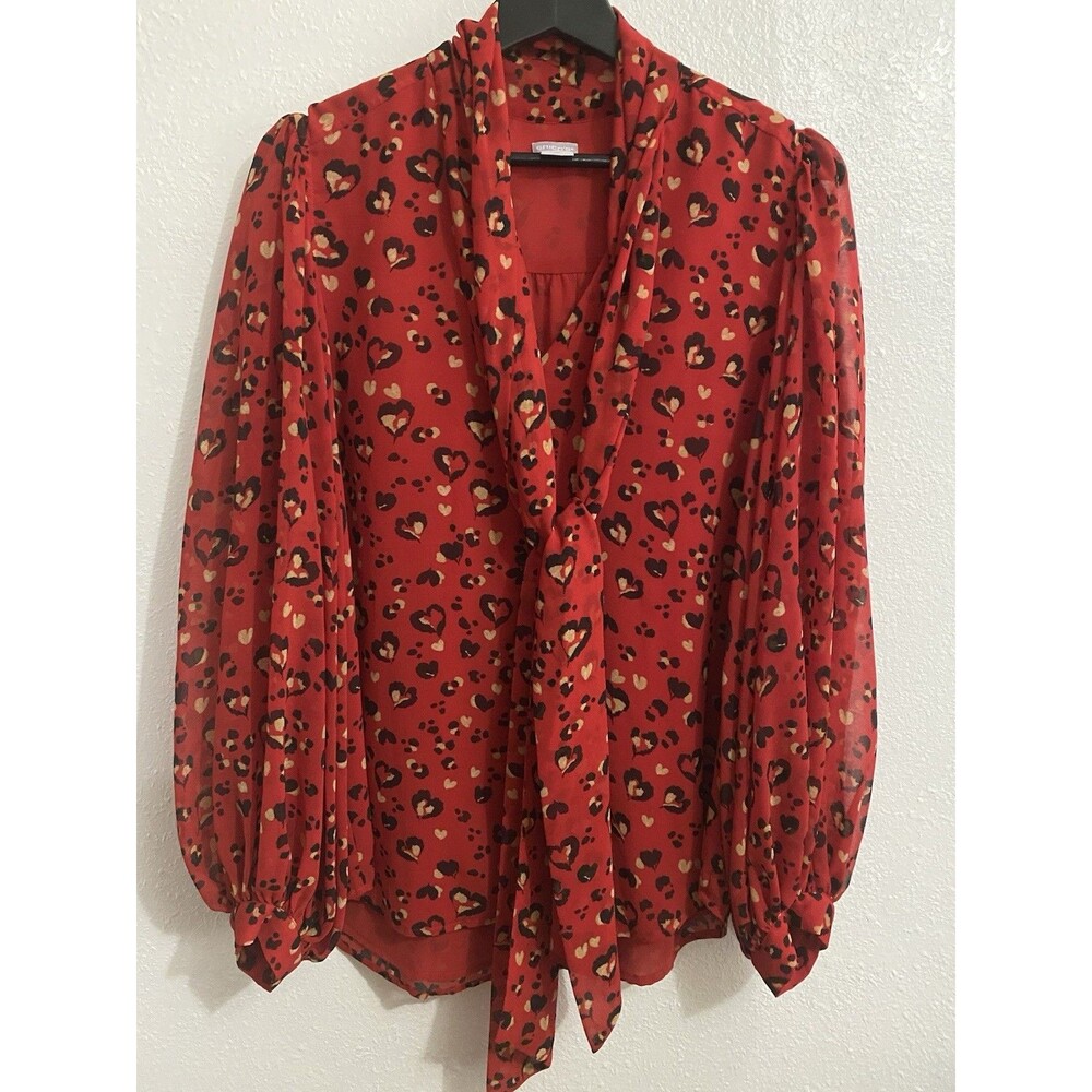 Chico’s 2 (US L) Red Georgette Heart Blouse With Attached Scarf Tie L14